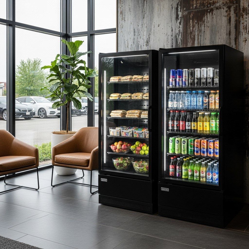 Modern micromarket vending solutions with fresh food and beverages in contemporary office setting