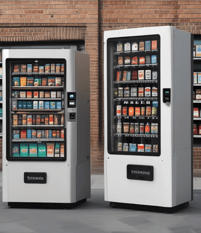 Smart vending machines with snacks against a brick wall